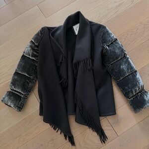 Authentic Anthracite Moncler Fringe Wool Scarf Jacket